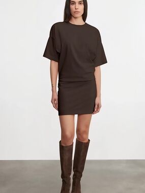 Enza Costa Shirt Sleeve Supima Curve Mini Dress Quiet Luxury XS Coffee Bean